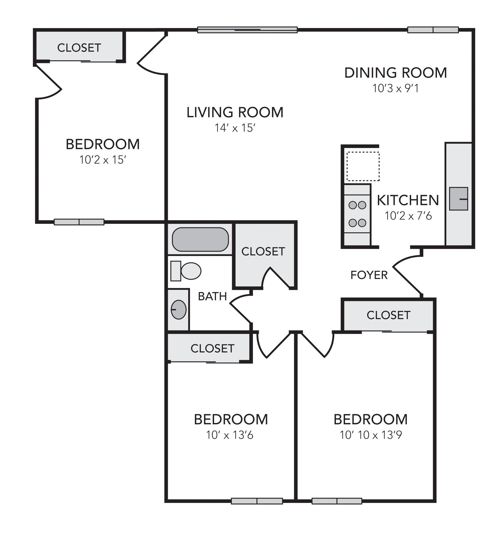 Floor plan for 3 beds, 1 bath, 1100 sqft